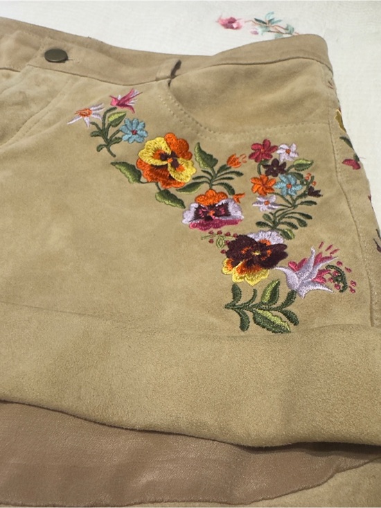 Haute Hippie Pants - Haute Hippie Tan Suede Shorts with Colorful Floral Embroidery